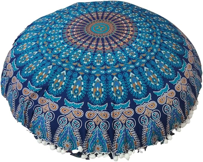 ICC Large Hippie Elephant Mandala Floor Pillow Cover - Cushion Cover - Pouf Cover Round Bohemian Yoga Decor Floor Cushion Case- 32" (Green Peacock)