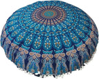 ICC Large Hippie Elephant Mandala Floor Pillow Cover - Cushion Cover - Pouf Cover Round Bohemian Yoga Decor Floor Cushion Case- 32" (Green Peacock)