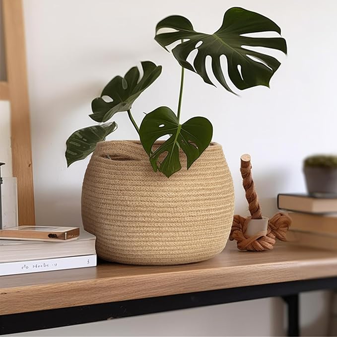 Decorative Wicker Storage Basket, 11" x 9" Indoor Plant Basket for Home Decor, Round Woven Dog Cat Toy Bin with Handle, Bathroom Towel Storage, Jute Planter Holder, Shelf Closet Organizer