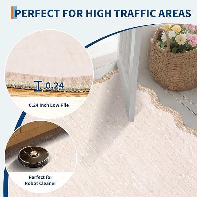GarveeHome Scalloped Round Area Rugs 4ft, Washable Small Non-Slip, Soft Boho Ultra-Thin Circle Low Pile Stain Resistant Carpet for Bedroom Entryway Kitchen Laundry Bathroom, Beige