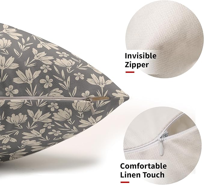Grey Gray Pillow Covers 12x20 Set of 2 Vintage Floral Rustic Old Style Cute Flower Print Rectangle Decorative Outdoor Pillowcases Seasonal Farmhouse Throw Cushion Case Couch Sofa Bed Decor