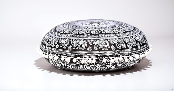 CRAFT KALA Round Mandala Boho Pillow Cover Meditation India Room Seating Poufs Cover for Living Room Yoga Home Décor Bedroom Balcony Garden Decoration Cotton Floor Cushion Cover 32", B & W Elephant