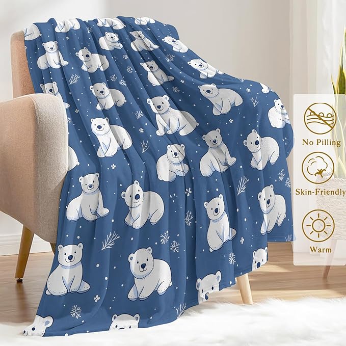 Cute Polar Bear Fleece Blanket - Lightweight Soft Cozy Gifts Throw for Animal Lovers,Kids,Women,Winter White Bears Blue Blankets,Home Room Modern Festive Decor 50x60in