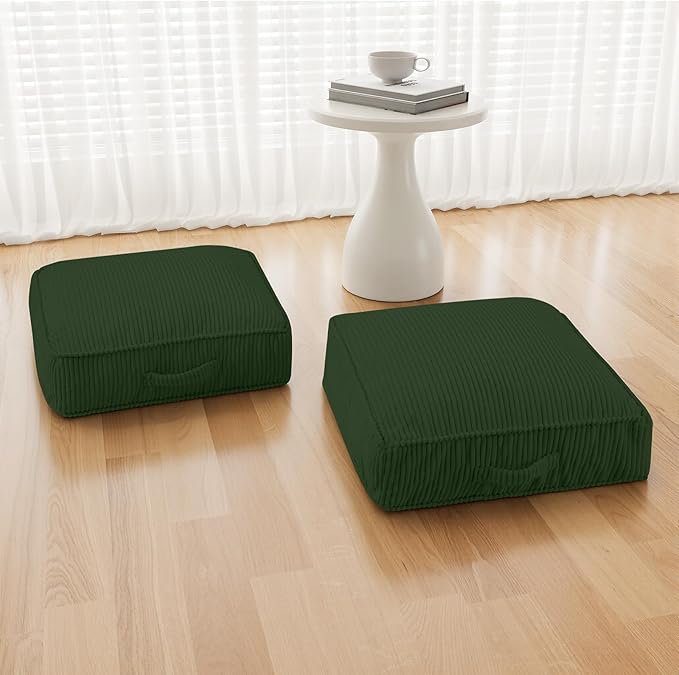 Floor Pillow for Adults Set of 2, 8" Square Floor Cushions with Washable Cover, Large Corduroy Meditation Pillow, 22 inches Tatami Seat with Handle for Living Room or Yoga, Green