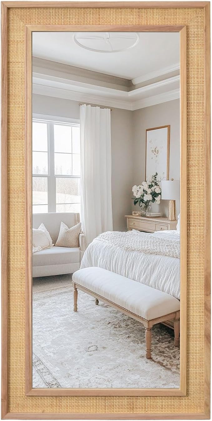 Rattan Full Length Mirror,24"x48" Long Rattan Wall Mirror,Wooden Mirror with Wicker Frame,Decorative Full Body Mirror Hanging,Farmhouse Rectangle Floor Mirror for Bathroom Living Dressing Room Nature