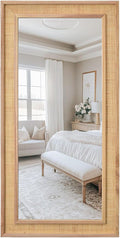 Rattan Full Length Mirror,24"x48" Long Rattan Wall Mirror,Wooden Mirror with Wicker Frame,Decorative Full Body Mirror Hanging,Farmhouse Rectangle Floor Mirror for Bathroom Living Dressing Room Nature