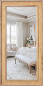 Rattan Full Length Mirror,24"x48" Long Rattan Wall Mirror,Wooden Mirror with Wicker Frame,Decorative Full Body Mirror Hanging,Farmhouse Rectangle Floor Mirror for Bathroom Living Dressing Room Nature