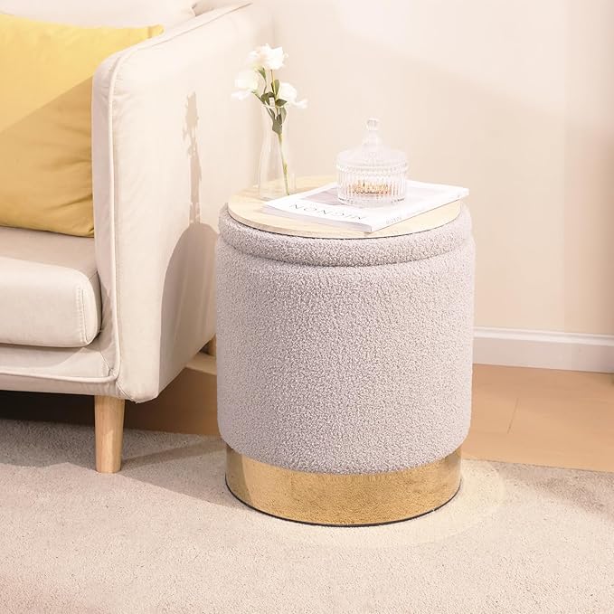 Round Storage Ottoman - Multi-Functional Velvet Footrest & Vanity Stool for Living Room, Space-Saving Side Table with Hidden Compartment, Sturdy Seating for Small Apartments & Bedroom, Gray