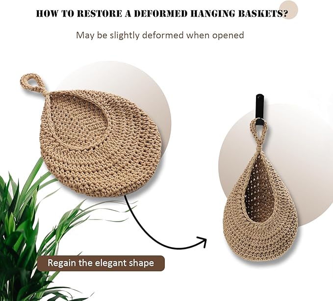 Hanging Fruit Basket Set of 3, Boho Wall Hanging Storage Jute Basket for Organizing & Decor, Handmade Teardrop Hammock Holder for Onion Fruit Vegetable in Home & Restaurant Kitchen with Hooks