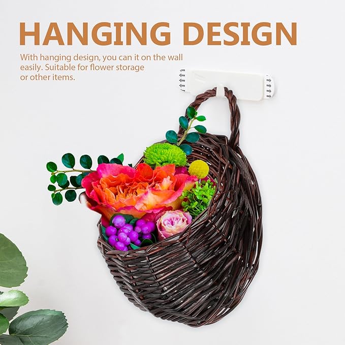 DOITOOL 2Pcs Dark Brown Rattan Wicker Hanging Baskets for Wall 9.05X7.08X3.54 Inch Indoor Outdoor Planters for Flowers and Greenery Home Garden Decor