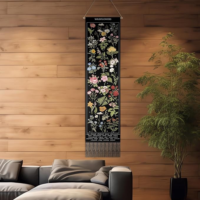 Geetery Vintage Floral Vertical Tapestry Wall Hanging Decor Long Flower Narrow Botanical Fabric Wall Art Hanging Reference Illustrative Tassel Tapestry for Bedroom Living Room Home Decor Gift(Black)