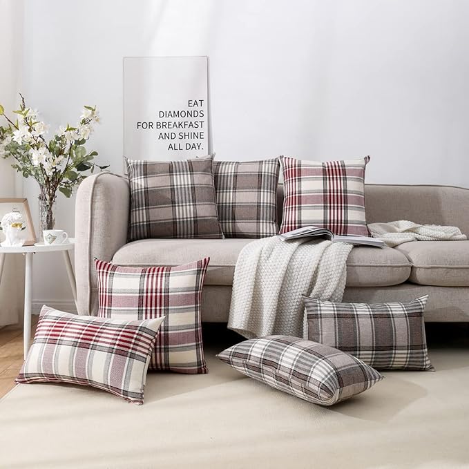 CARRIE HOME Brown Farmhouse Throw Pillow Covers 16x16 Set of 2 Plaid Decorative Throw Pillows 16 x 16 for Spring Fall and Winter Holiday Home Decor