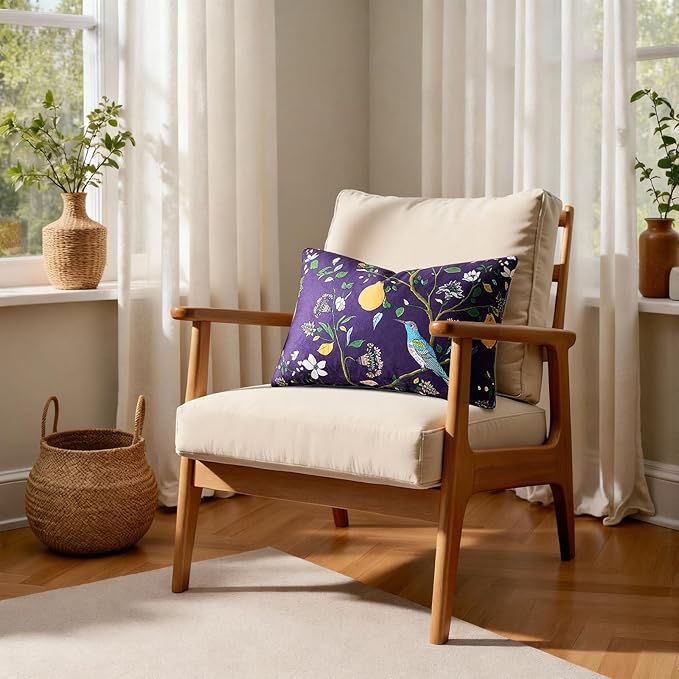 MUSSEL Purple Floral Pillow Covers 12x20 Set of 2, Velvet Wild Flower Plant Throw Pillows Case, Square Farmhouse Decor Cushion Covers for Home Sofa Bed Couch