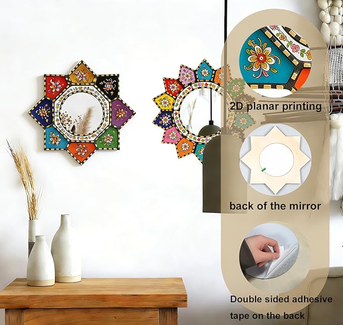 Octagon Sunburst Wall Mirror - Colorful Geometric Boho Circle Mirror Art, Small Decorative Vintage Accent for Living Room Decor, Wood & Acrylic（2D Printed）