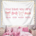 LIANGW Pink Coquette Bow Christian Tapestry, Inspirational Christian Tapestry for Women, Indoor Outdoor Wall Art Tapestries for Bedroom, Girl pink Room Decoration Living Room Bedroom 50x60 inches