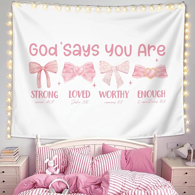 LIANGW Pink Coquette Bow Christian Tapestry, Inspirational Christian Tapestry for Women, Indoor Outdoor Wall Art Tapestries for Bedroom, Girl pink Room Decoration Living Room Bedroom 50x60 inches