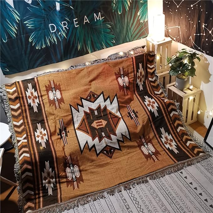 Aztec Throw Blanket Native American Blanket Southwestern Boho Decor Reversible Woven Tassels Mexican Blankets and Throws for Couch Bed Chair Wall Tapestry Livingroom Outdoor Beach Brown 51"x63"