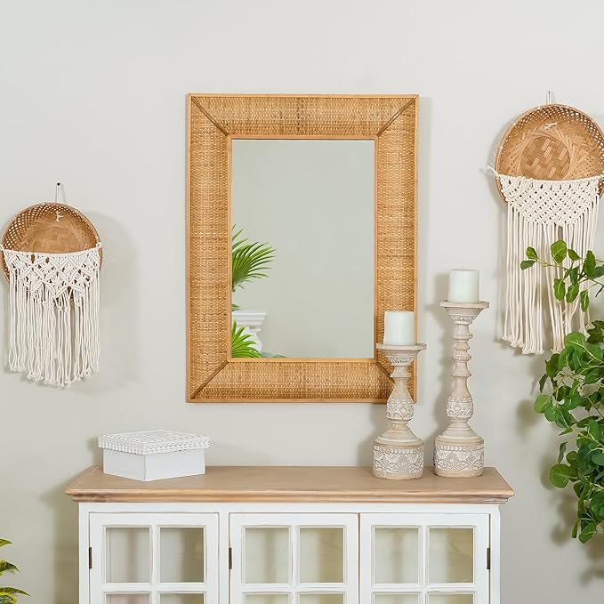 Boho Rattan Wall Mirror Wooden Framed Rectangle Mirror Rattan Decorative Farmhouse Hanging Mirror for Bathroom Vanity Entryway Living Room Home Wall Decor - 23.82" x 1.78" x 31.5"