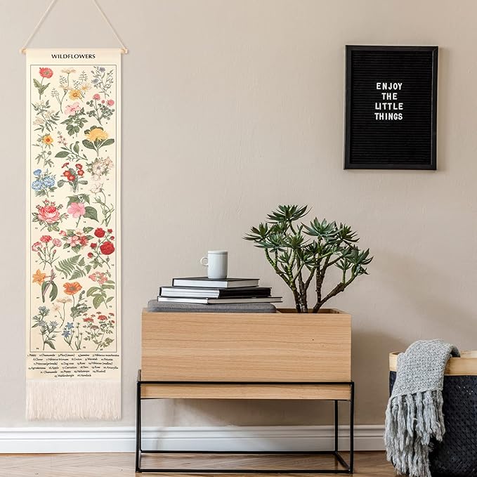 Geetery Vintage Floral Vertical Tapestry Wall Hanging Decor Long Flower Narrow Botanical Fabric Wall Art Hanging Reference Illustrative Tassel Tapestry for Bedroom Living Room Home Decor Gift(White)