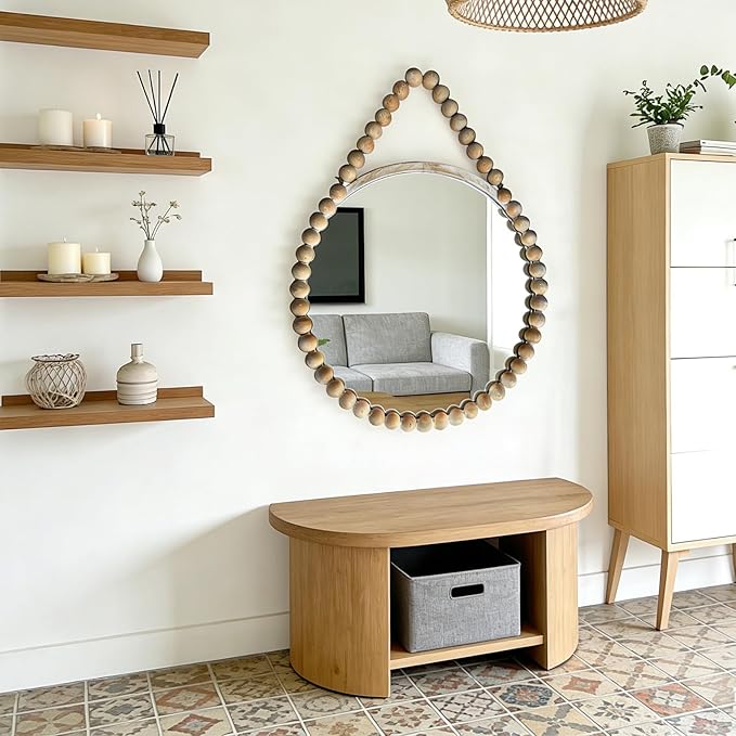 POZINO Wood Beaded Round Mirror, 28" Rustic Farmhouse Hanging Mirrors with Wooden Spherical Frame, Boho Circle Mirrors for Bathroom Bedroom Living Room Hallway Entryway Fireplace