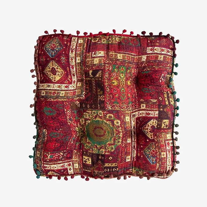 Square Bohemian Floor Pillow, Meditation Floor Seat Cushion, Large Soft Cotton Linen Pillows for Yoga Living Room Balcony Outdoor Tatami, 22x22 Inches (Redflower Square)