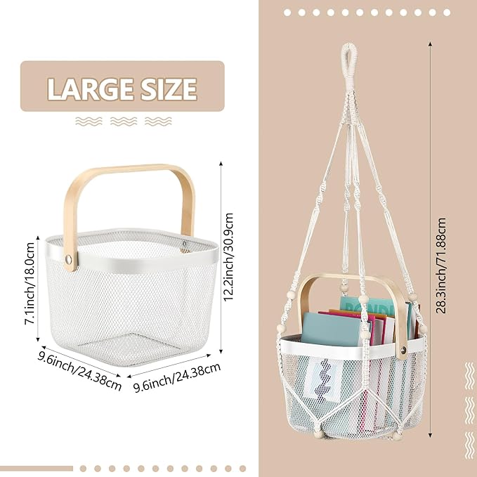 2 Sets Hanging Fruit Baskets for Kitchen 2 Size Metal Wire Mesh Basket with Boho Woven Rope Fruit Hammock Wall Hanging Vegetable Produce Basket for Kitchen Organizing Gathering Storage