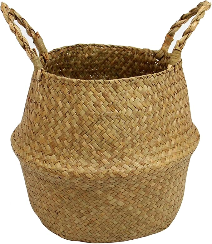 Casaphoria Woven Seagrass Belly Basket for Storage Plant Pot Indoorb,Decorative Sturdy and Durable Natural Material Sea Grass Baskets with Handles,Seaweed Round Basket for Organizing(Small)