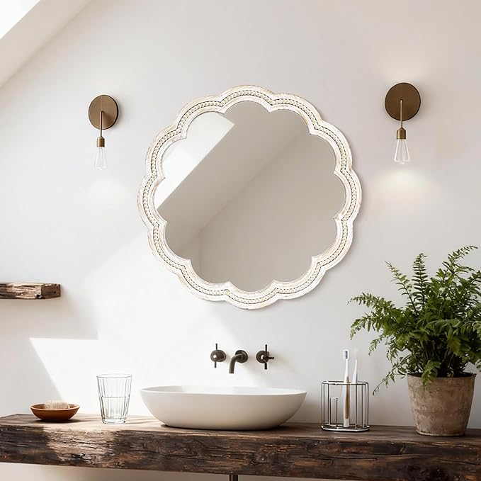 30 Inch Round Wall Mirror, Whitewashed Wooden Frame with Scalloped Edge & Beaded Trim, Decorative Farmhouse Boho Mirror for Bedroom, Bathroom, Living Room, Entryway