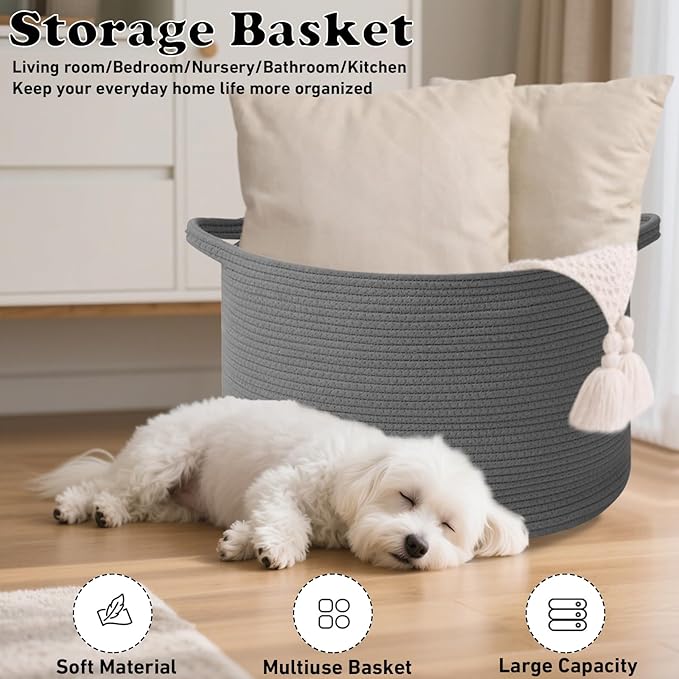 65L Large Blanket Basket,19.7" L x 19.7" W x 13" H Rope Woven Baskets with Handles, Toys Storage Bins,Laundry Basket Perfect for Living Room, Nursery,Bedroom,Home Organization,Dark Gry
