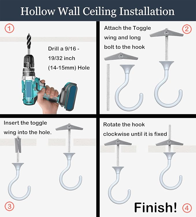 8 Sets Heavy Duty Swag Ceiling Hooks with Hardware for Hanging Plants, Cavity Wall Fixing, Easy Installation, Holds Up to 30lbs, Ideal for Home & Garden (8 Sets, White)