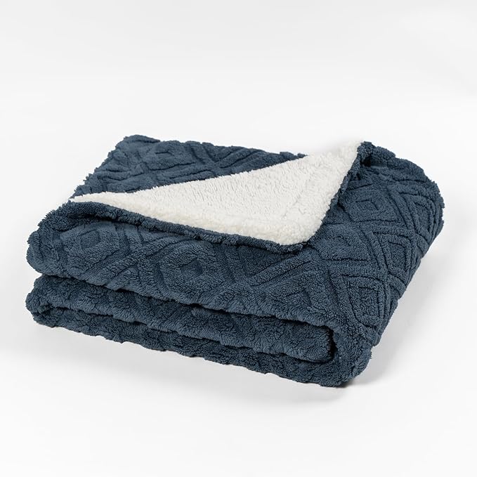 EverGrace Jacquard Boho Sherpa Fleece Throw Blanket for Couch, Super Soft Cozy Fuzzy Plush Blankets for All Seasons, Reversible Thick Warm Blanket for Bed, Sofa, Living Room, Stormy Blue, 50" x 60"