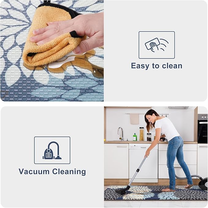KIMODE Padded Anti Fatigue Rug Sets of 2, Ergonomic Standing Kitchen Rugs 2PCS, Boho Dahlia Kitchen Mats for Floor 2 Pieces Stain Resistant, Non Slip Kitchen Sink Floor Mat, 20"x32"+20"x47", Blue