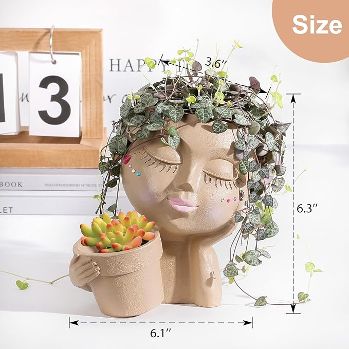 Face Planters Pots Head Planter for Indoor Outdoor Plants - Cute Plant Pots for Flower Succulent with Drainage Hole - Ideal Present Ideas(Khaki Lady)