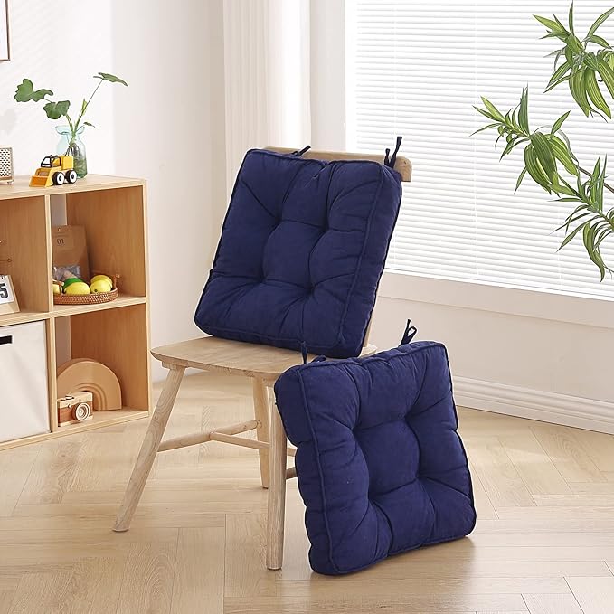 Tiita Chair Pads Cushions 18x18 Inch, Square Floor Pillows Pad for Patio Outdoor Furniture, Kitchen Dining Chairs with Ties Set of 2, Navy Blue