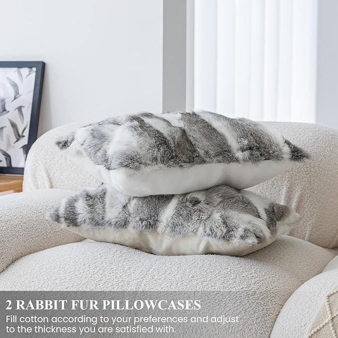 MOOX Rabbit Fur Throw Pillow Covers Decorative Fluffy Soft Fuzzy Plush Luxury Genuine Animal Skin Lumbar Pillow 18"x18" Cushion Cover, Couch-Grey White