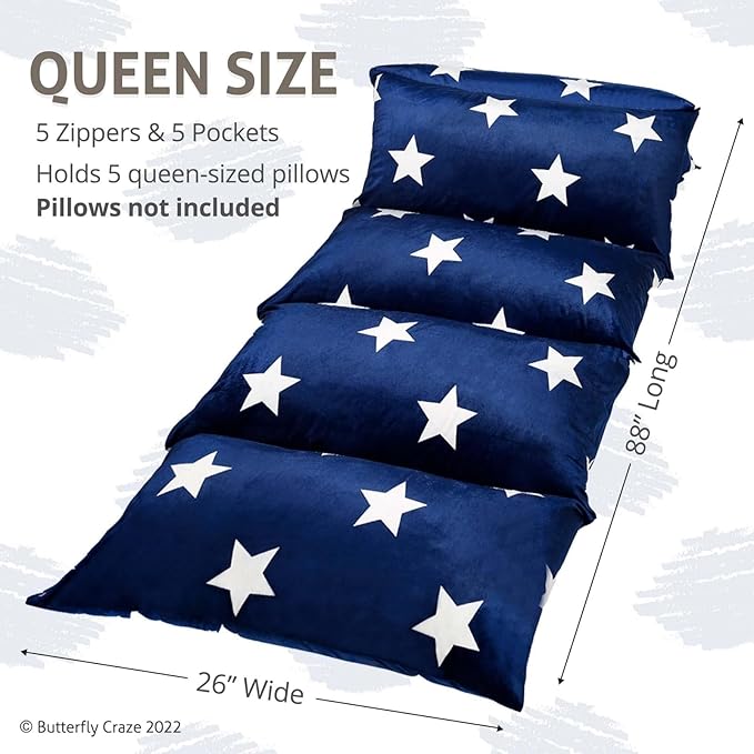 Butterfly Craze Floor Pillow Case, Mattress Bed Lounger Cover, Star Navy, Queen Size - Cozy Seating Solution for Kids & Adults, Recliner Cushion, Perfect for Reading, TV Time (Pillow Not Included)