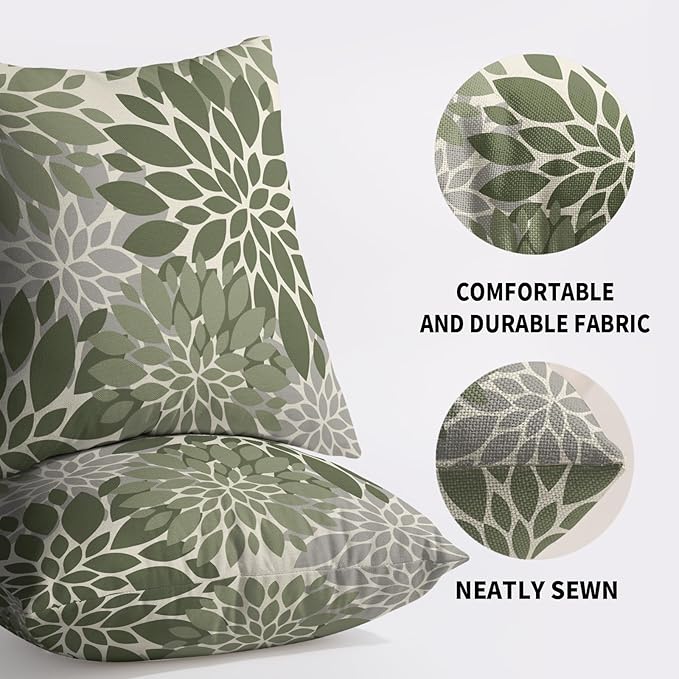 Dark Sage Green Flower Pillow Covers 20X20 Inch Set of 2, Grey Gray Dahlia Floral Spring Summer Cream Decorative Throw Pillow Covers Outdoor Modern Farmhouse Cushion Case for Home Couch Sofa Bed Decor