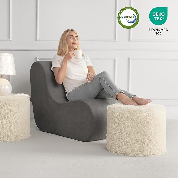 Hansleep Round Pouf Ottoman Foot Rest, 20 x 15 Small Faux Fur Stuffed Pouf for Chair, Foam Filled Foot Stools Ottomans for Living Room, Beige