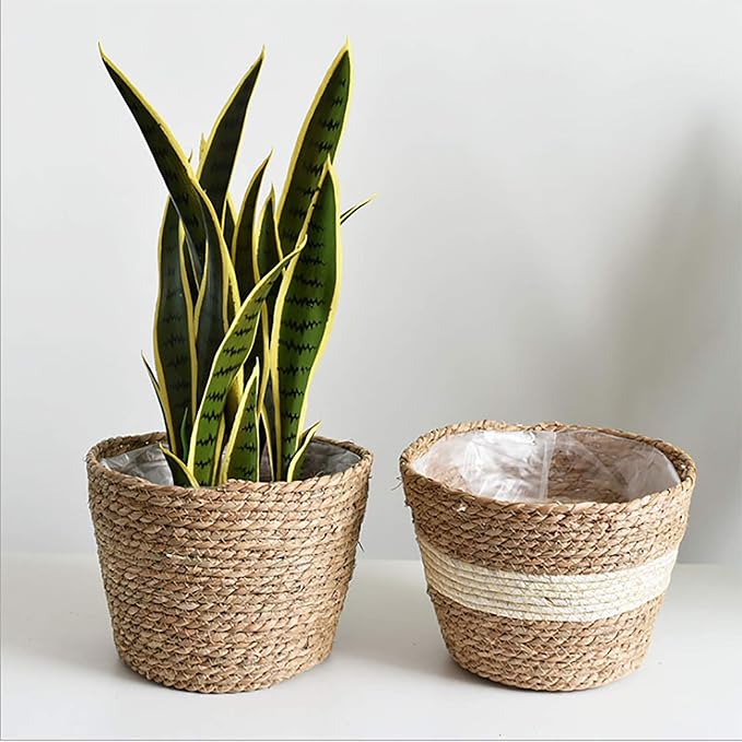 Seagrass Basket Planter, Flower Pot Cover, Storage Basket, Plant Container, Hand Woven, Plastic Liner, Beige, 7 Inch, Indoor/Outdoor