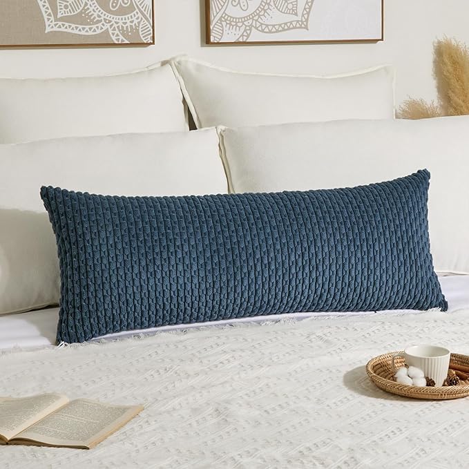 Kevin Textile 14x36 Inch Long Lumbar 1 Pack Boho Decorative Throw Pillow Cover Soft Striped Corduroy Rectangle Cushion Case Farmhouse Solid Color Accent for Living Room Couch Sofa Bed, Blue