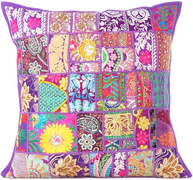 Eyes of India Decorative Patchwork Boho Throw Pillow Cover, Colorful Bohemian Cushion Case for Sofa Couch, Handmade Accent Bedroom Living Room (Purple, 20" x 20")