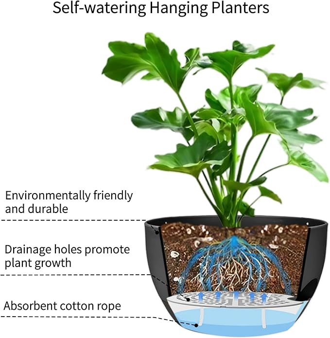 12 Inch Self Watering Hanging Planters 2 Pack, Indoor Outdoor Hanging Pots for Plants with Drainage Holes & Saucers, Black Plastic Hanging Baskets for Kitchen Balcony Garden