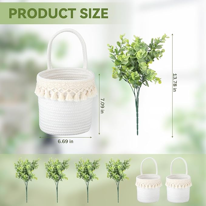 2 Pcs Hanging Cotton Rope Baskets with Tassels 4 Pcs Faux Eucalyptus Stems, Boho Wall Decor, White Woven Plant Basket with Artificial Eucalyptus Leaves for Bedroom, Farmhouse Home Decor