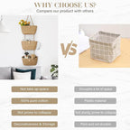 TeoKJ Over the Door Hanging Baskets with Wooden Button, 3-Tier Woven Cotton Storage Organizer Bag, Wall-Mounted with Hook Decorative Hanging Nursery Baskets, Jute