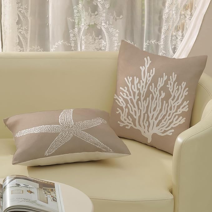 Coastal Pillow Covers 18x18 Inch Set of 2 Brown Tan Coral Starfish Throw Pillows Summer Nautical Beach Ocean Decorations Linen Pillowcase Outdoor Decor Farmhouse Cushion Case for Home Bedroom