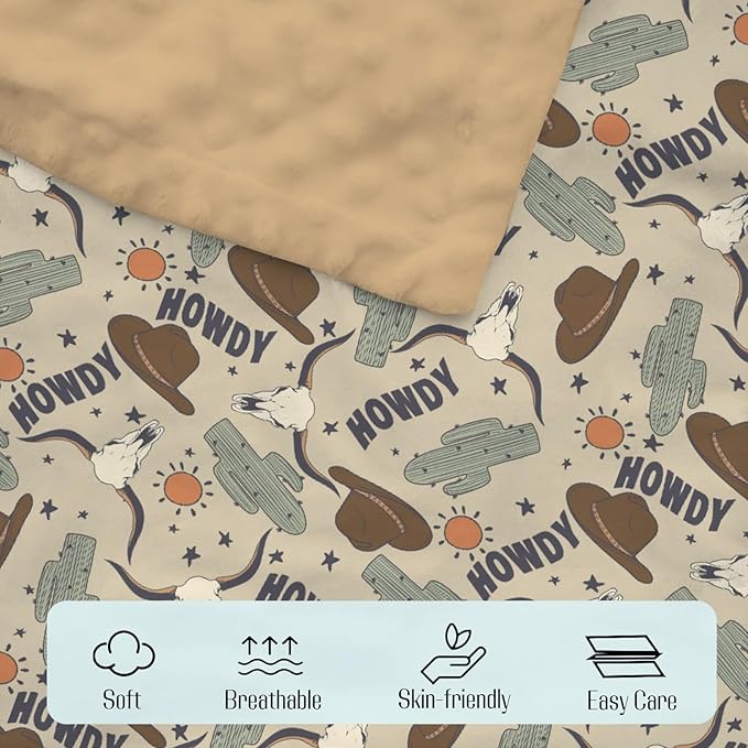 Mink Baby Boy Girl Blanket Western Howdy Cowboy Cowgirl, Boho Cactus Sun Cow Skull Hat Soft Double Layer Dotted Backing Receiving Swaddle, Newborn Infant Toddler Nursery Crib Bedding Shower Gift 30x40