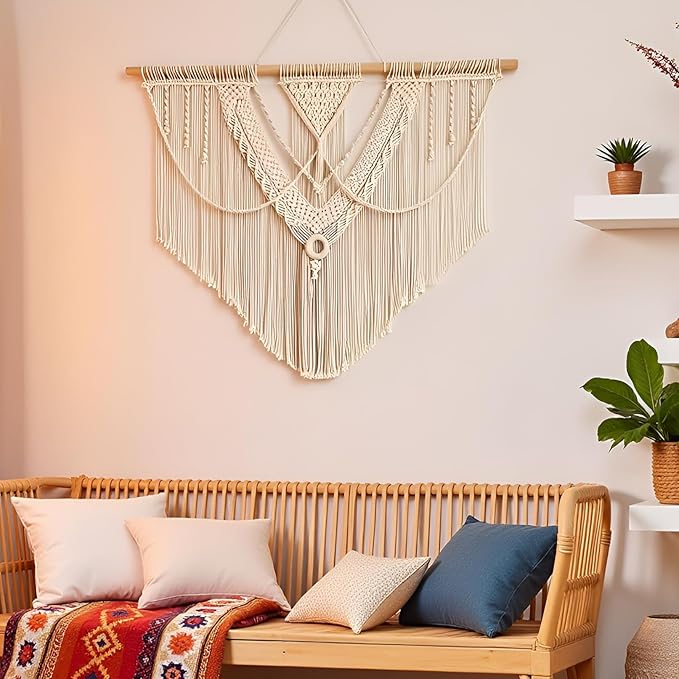 guzhiou large macrame wall hanging - Boho Tapestry Macrame Wall Decor Art- Chic Bohemian Handmade Woven Tapestry Home Decoration for Bedroom Living Room Apartment Wedding Party - 43"x32" (Beige-A)