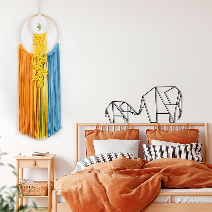 LB Boho Colorful Crystal Macrame Wall Hanging Boho Dream Catcher Yellow Hand Woven Leaf Tapestry Art Modern Aesthetic Tassel Wall Decor for Home, Bedroom, Living Room