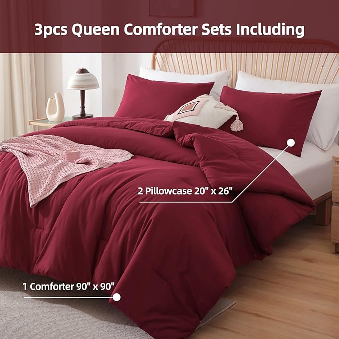 ROSGONIA Oversized Queen Comforter Dark Red, 3pcs (1 Comforter & 2 Pillowcases) Lightweight Oversized Queen Comforter Sets Bedding Blanket Quilts