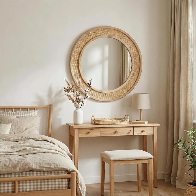 Round Rattan Mirror, 30" Circle Wall Mirror, Farmhouse Wooden Vanity Mirror with Handmade Wicker Frame, Decorative Boho Mirror for Nursery Bedroom Living Room Entryway Nature